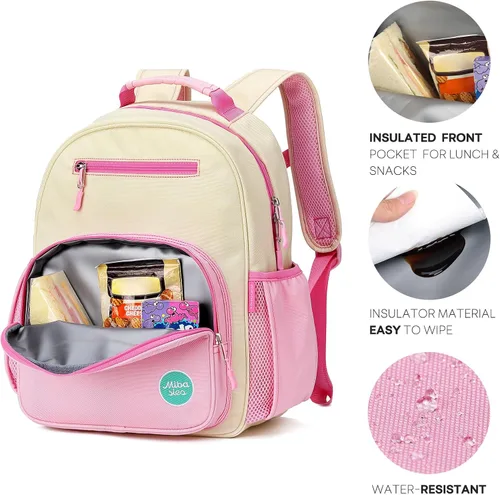 Vista 4 de mibasies Mochila para niñas y niños, ideal para niños y niñas, mochila para preescolar jardín de infantes y primaria, beige rosado, Niños-12L US