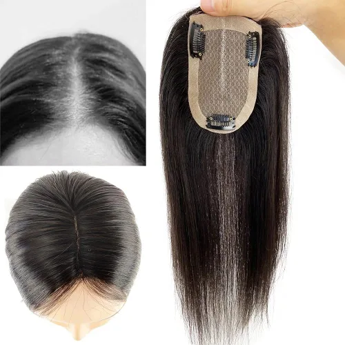 Vista 2 de Postizo de pelo de 3.1 x 4.7 in, base de cabello humano real, hecho a mano, con 3 clips para mujer, pieza de cabello natural