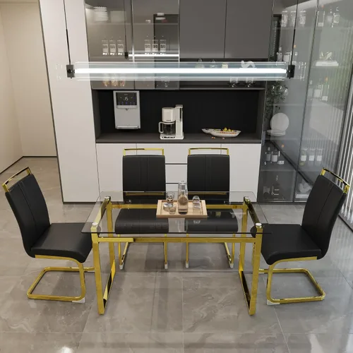 Vista 2 de Juego de mesa de comedor de vidrio Hilknen para 4, juego de mesa de comedor rectangular moderno para 4, juego de mesa y sillas de cocina para 4