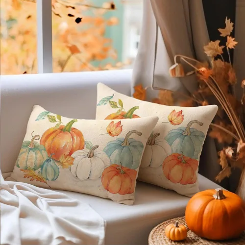 Vista 5 de RABUSOFA Fundas de almohada de otoño de 12 x 20 pulgadas, almohadas decorativas de calabaza naranja, fundas de almohada de otoño para exteriores