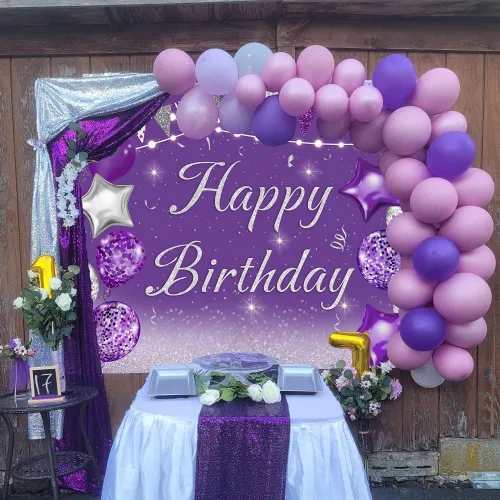 Vista 2 de INRUI Telón de fondo morado para fotografía de cumpleaños, globos plateados con purpurina para niñas y mujeres, pancarta de decoración de fiesta