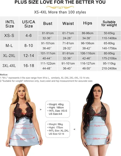 Vista 6 de ohyeah Plus Size Babydoll Lingerie for Women Lace Sleepwear Halter Nightwear V Neck Chemise Satin Silk Nightgowns