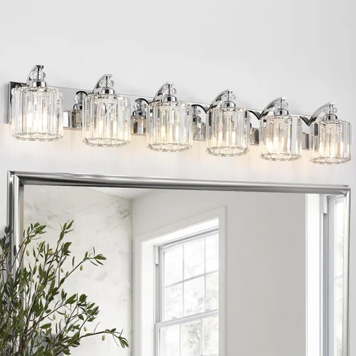 Vista 12 de Accesorio de Iluminación de Baño Moderno de 3 Luces Cromado Luces de Tocador de Baño Sobre Espejo Aplique de Pared con Pantallas de Cristal K9 Base