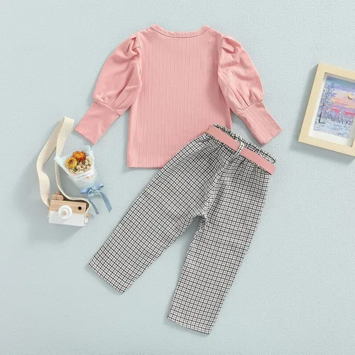 Vista 45 de GOOCHEER Conjunto de ropa de manga larga para niña pequeña, camisa y pantalones para niña, conjunto de ropa de primavera, otoño e invierno