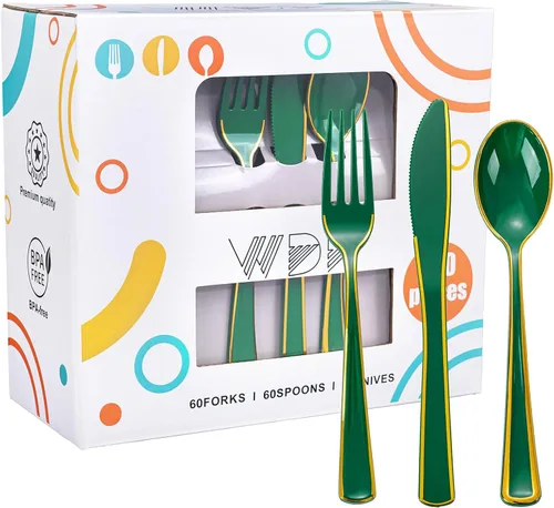 Vista 15 de WDF 180 cubiertos de plástico plateado – cubiertos de plástico plateado – cubiertos de plástico elegante resistente – 60 tenedores, 60 cuchillos, 60