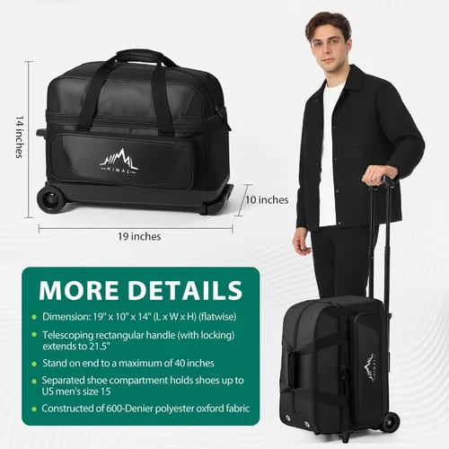 Vista 6 de GoHimal Bolsa de bolos de doble rodillo para 2 bolas con compartimento separado para zapatos de boliche (hasta talla 15 de hombre de EE. UU.) y Negro