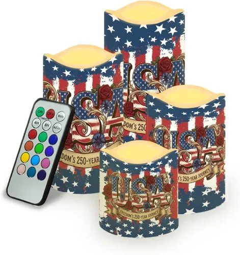 Vista 24 de Jeiento American Flag Flameless Candles 4 Pack 4th of July Home Decoration Flower American Flag LED Candles Battery Operated with Timer Remote