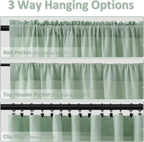 Vista 6 de Cortinas de lino verde aguamarina de 84 pulgadas de largo, juego de 2 paneles semitransparentes con bolsillo para barra para comedor, decoración
