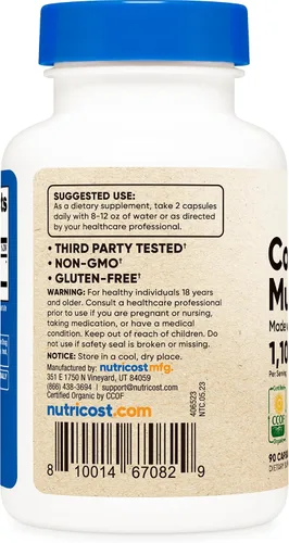 Vista 4 de Nutricost Cordyceps - Cápsulas de hongos de 1100 mg, 45 porciones – Certificado CCOF fabricado con orgánico, vegetariano, sin gluten, 550 mg por