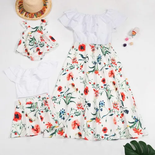 Vista 5 de Mommy and Me - Vestidos largos casuales con hombros descubiertos y volantes en capas con estampado floral a juego