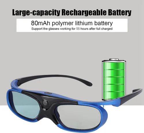 Vista 2 de Lentes universales 3D, DLP-Link Active Shutter Glasses con batería recargable de 80 mAh, 50 horas de trabajo continuo, gafas para proyectores DLP