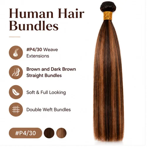 Vista 3 de Ombre Highlight #30 - Paquetes de cabello humano lacio de 26 Marrón #P4/30 S