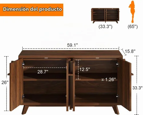 Vista 2 de knoworld Armario buffet aparador de 59 pulgadas con almacenamiento Marrón
