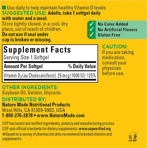 Vista 6 de Nature Made Vitamina D3 1000 UI (25 mcg), 100 cápsulas blandas de vitamina