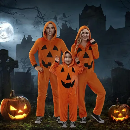 Vista 5 de Jobakids Disfraces familiares de Halloween que brillan en la oscuridad, overol con capucha y diseño de esqueleto, trajes navideños