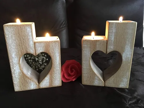 Vista 6 de Portavelas rústico hecho a mano de madera en forma de corazón, soporte para velas de té para regalo del día de San Valentín para ella, boda