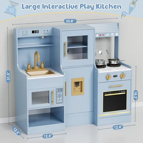 Vista 2 de MAMIZO Cocina de juego de madera para niños, juego de cocina de juguete para niños, juego de cocina interactivo grande con 6 utensilios de cocina