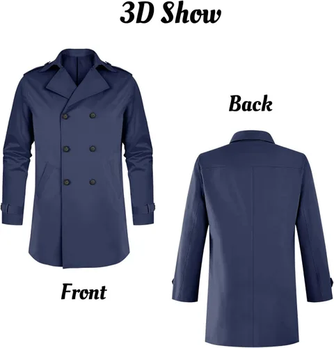 Vista 5 de Gafeng Gabardina de doble botonadura para hombre, solapa con muescas, casual, ajustado, largo cortavientos