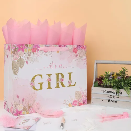 Vista 5 de Juego de bolsas de regalo extra grandes de 16.5 pulgadas con asas, tarjeta de felicitación, papel de seda rosa y calcomanías para niñas y niños
