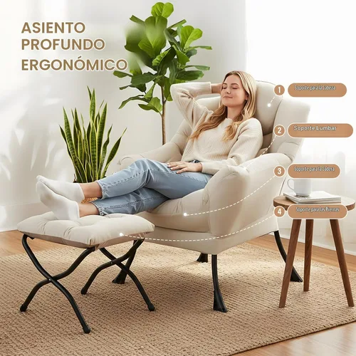Vista 7 de Furlide Silla Perezosa con Otomana, Cómoda Silla de Salón con Brazos de Tela Acentuada con Almohada Lumbar y Reposapiés Plegable, Silla Sofá de Beige