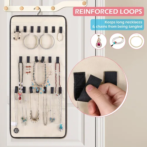 Vista 4 de MISSLO Organizador de joyas colgante de doble cara con 40 bolsillos y 20 ganchos y bucles, soporte para collar de armario para aretes, pulsera