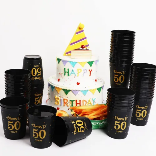 Vista 4 de 24 vasos de plástico reutilizables para cumpleaños de 50 años, regalos para fiestas de cumpleaños de 50 años, regalos de fiesta negros y dorados, 12