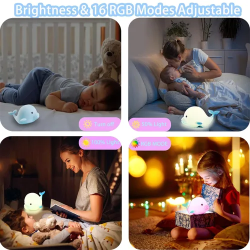 Vista 3 de Luz nocturna de delfín para niños, bonita luz nocturna, 16 colores de silicona, regulables, luces nocturnas para bebé, luz nocturna recargable