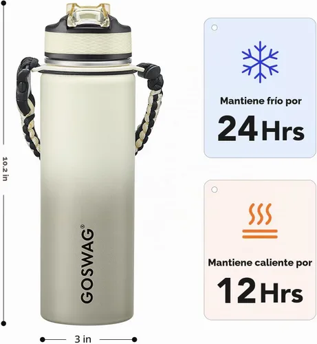 Vista 2 de GOSWAG - Botella de agua de viaje de acero inoxidable aislada de 24 onzas, 2 tapas with straw and no straw, Paracord handle, Double-wall vacuum