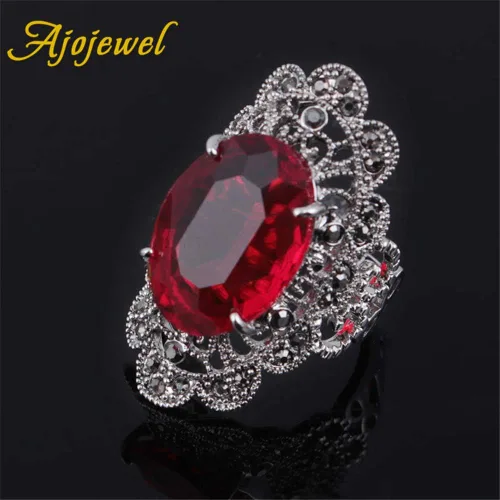 Vista 3 de Anillos grandes ovalados de cristal rojo para las mujeres ahuecan hacia fuera flor diseño dedo joyería vintage anel