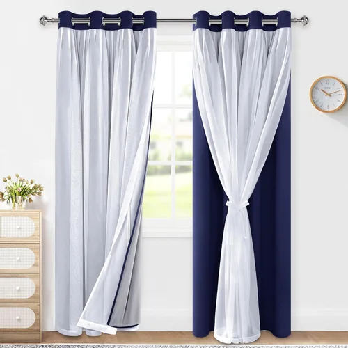 Vista 27 de XWZO Cortinas 100% opacas de doble capa para guardería, cortinas opacas con superposición transparente para dormitorio de niñas, cortinas