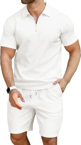 Vista 2 de KUYIGO Conjunto de camisa polo y pantalones cortos para hombre, trajes de verano a la moda, casual, de manga corta, traje de 2 piezas para hombre