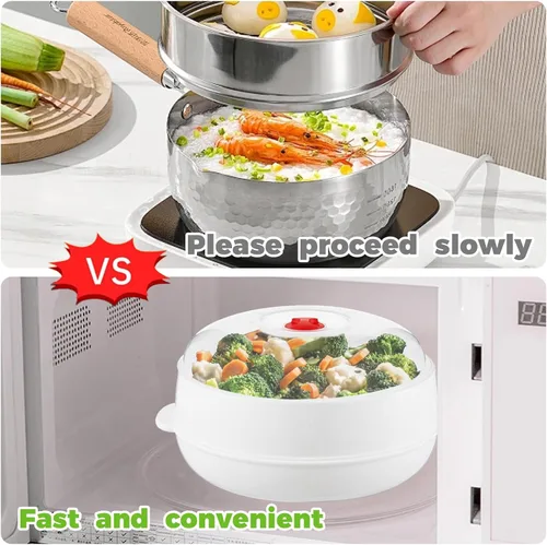 Vista 4 de Vaporizador de verduras para microondas para cocinar, vaporizador de microondas con tapa, sin BPA (doble capa)