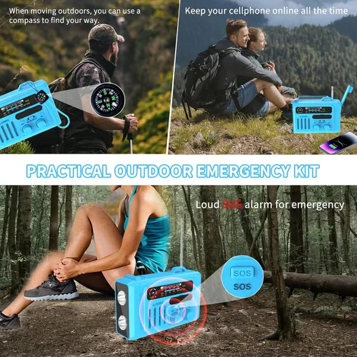 Vista 4 de Radio solar de emergencia con manivela, NOAA/AM/FM con linterna LED y lámpara de lectura, USB tipo C/carga solar/manivela, altavoz Bluetooth, alarma
