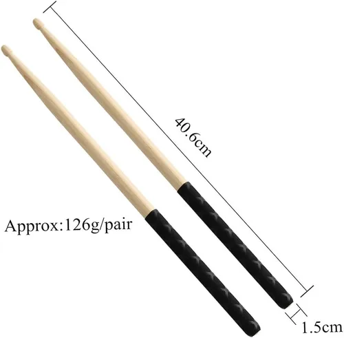 Vista 5 de Musfunny Baquetas con mangos antideslizantes para set de batería, baquetas de madera 5A de ejercicio para adultos, accesorios de percusión
