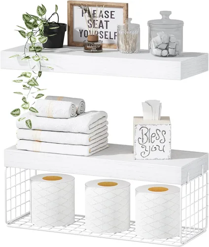Vista 17 de QEEIG Estantes de baño sobre el inodoro, estantes flotantes montados en la pared, almacenamiento de papel higiénico, estante pequeño de decoración