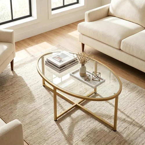 Vista 7 de Wolawu Mesa de centro ovalada dorada de vidrio para sala de estar, mesas de té modernas con marco de metal dorado para espacios pequeños, mesa