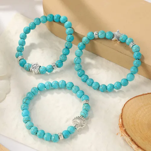 Vista 3 de 3 pulseras de turquesa con diseño de océano y cruz de conchas marinas, piedras de cristal curativas, pulseras de cuentas redondas elásticas