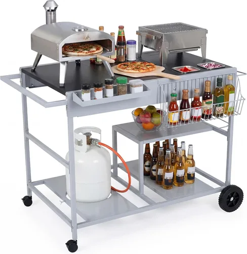 Vista 14 de HAPPYGRILL Carrito de parrilla al aire libre, mesa móvil de preparación de alimentos con parrilla de carbón coreano, panel lateral plegable, 2