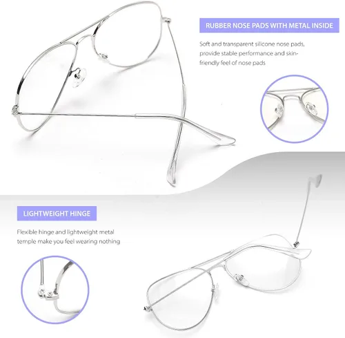 Vista 5 de Dollger Gafas de lente transparente Aviator sin receta para mujeres y hombres (3025 plateado)