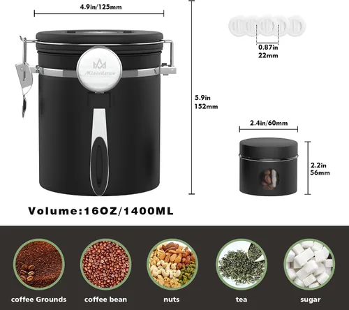 Vista 4 de Juego de recipientes de café molido con rastreador de fecha, válvula de CO2, tarro de viaje, recipiente de almacenamiento hermético de alimentos