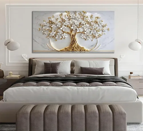 Vista 4 de Lienzo decorativo para pared, diseño de árbol de la vida, flores blancas y doradas, cuadro de paisaje natural, póster impreso, para sala de estar