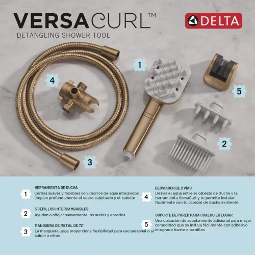 Vista 6 de Cabeza de ducha manual Delta VersaCurl para desenredar el cabello rizado con 3 insertos de cepillo para definir rizos incluidos, ducha de mano