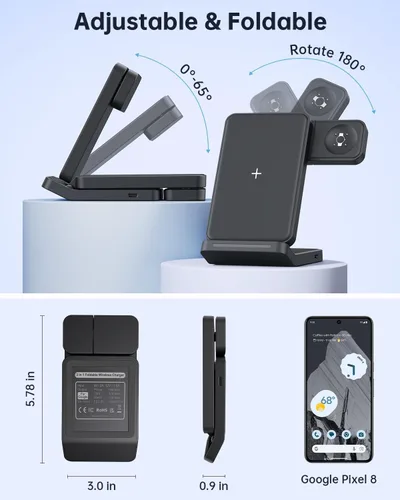 Vista 3 de Cargador Inalámbrico Plegable para Google Pixel Watch 3/2, Estación de Carga Rápida 3 en 1 con Soporte para Pixel 10 Pro XL/10 Pro/9/8/7