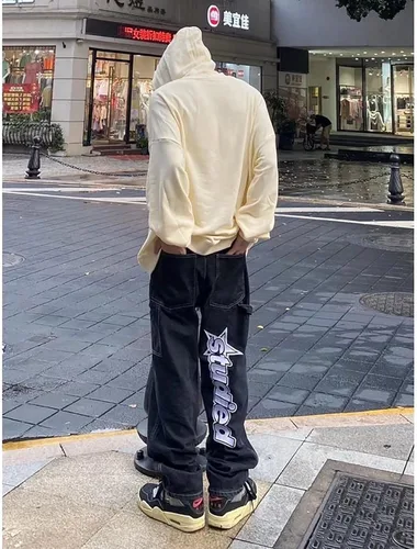 Vista 6 de American Vintage Denim Pantalones ins Moda Europea y Americana Hiphop Fried Street Jeans Pantalones de pierna ancha para hombre