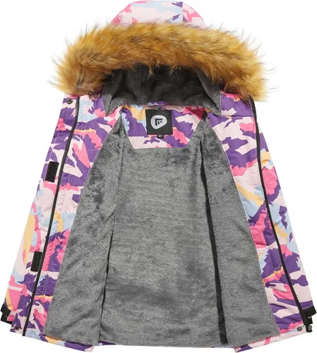 Vista 3 de FARVALUE Chaqueta de esquí impermeable para niñas, abrigo de invierno resistente al viento, abrigo de forro polar cálido para nieve, impermeables