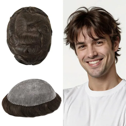 Vista 9 de Extensiones de pelo tipo tupé para hombre, sistema de reemplazo de cabello humano virgen 100% europeo, piel fina y duradera, inyección