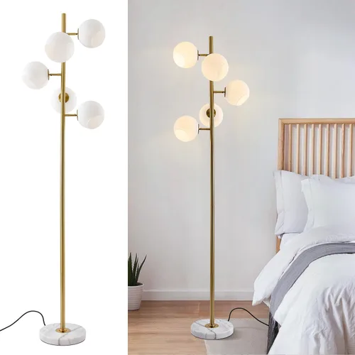 Vista 11 de KCO Lighting Five Globe - Lámpara de pie moderna de mediados de siglo, pantalla de vidrio de leche, acabado negro, base de mármol para sala de estar