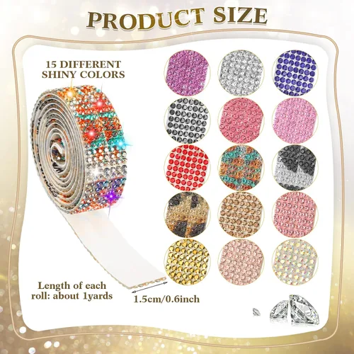 Vista 2 de Meanplan 15 rollos de tiras de cinta autoadhesivas con diamantes de imitación de cristal, brillantes, brillantes, colores mezclados, rollo de cinta