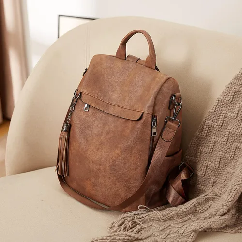 Vista 6 de Bromen - Mochila tipo bolso de mano de piel antirrobo para mujer a la moda, L