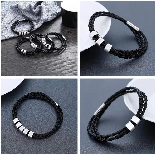 Vista 7 de Pulseras personalizables de cuero trenzado para hombre con 1-8 cuentas grabadas con nombre, pulsera de identificación para hombre, regalo para papá